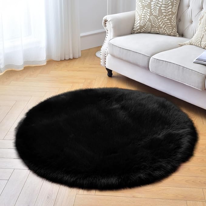 duduta Black Faux Sheepskin Round Rug 4x4 ft, Fluffy Shag Fur Bedroom Nursery - Image 5