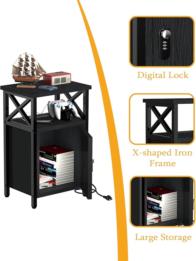 Wooden Nightstand with Charging Station, Bed Side Table with Drawers, Bedside - Image 6
