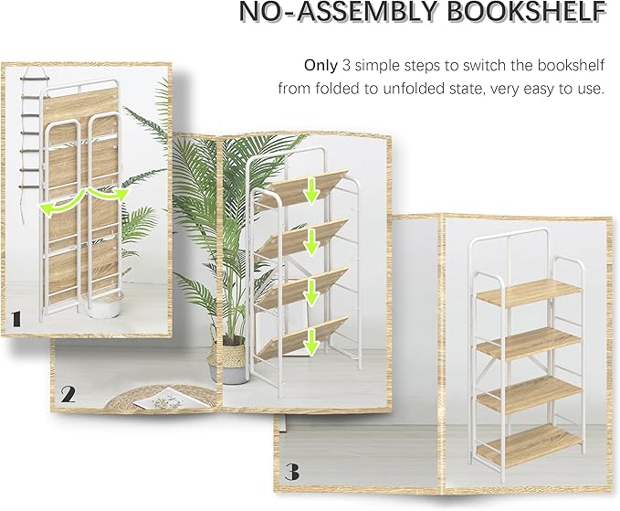 4NM No Assembly Folding Bookshelf 4 Tiers Vintage Industrial White Book Shelf - Image 4