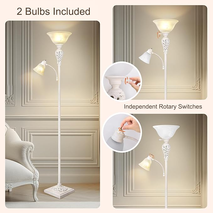 Torchiere Floor Lamp with Adjustable Reading Light, Farmhouse Standing Lamp - Image 3