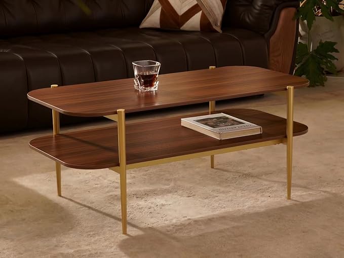 Shrine Rectangle Coffee Table, Mid-Century Modern Design, Two-Tier Walnut MDF by SHRINELIGHTING