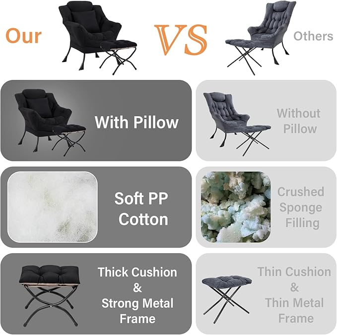 Lazy Chair with Ottoman, Comfy Reading Chair with Footstool & Pillow Modern - Image 7
