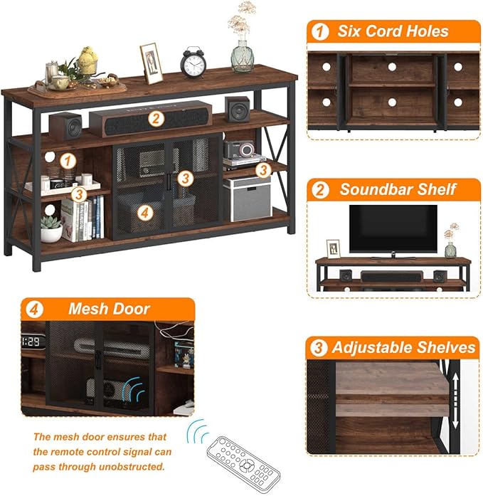 BON AUGURE Tall TV Stand for TVs up to 65 Inch, Industrial Wood Entertainment - Image 4