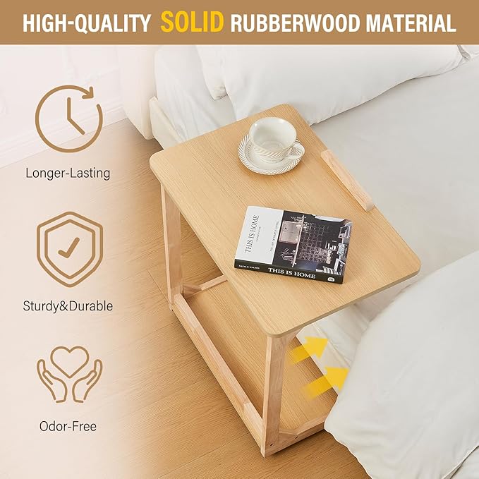 CozyDH Adjustable C Shaped End Table, Rolling Side Table Solid Wood TV Sofa - Image 4