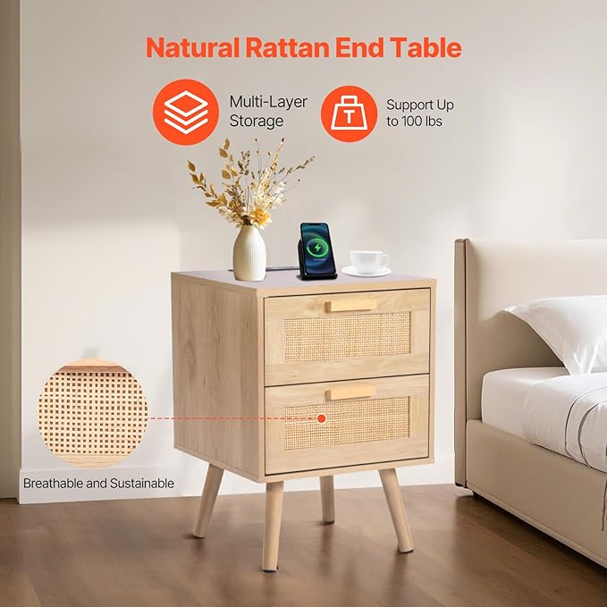 VEVOR Rattan Nightstand, Boho Bedside Table - Image 4