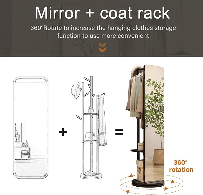 70"x16"Full Length Mirror with Stand, Coat Rack with Mirror, Solid Wood Floor - Image 6