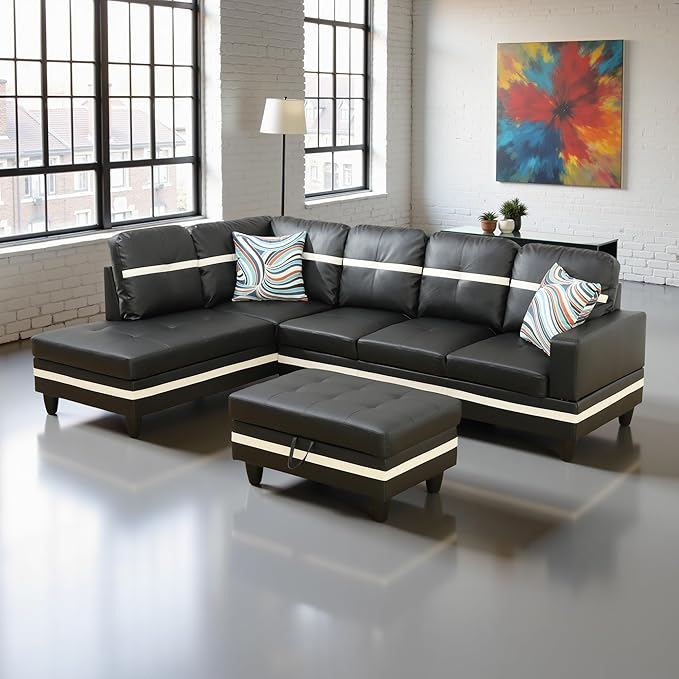 L Shaped Couch PU Leather Sectional Couch Upholstered 3 Pieces Sofas - Image 4