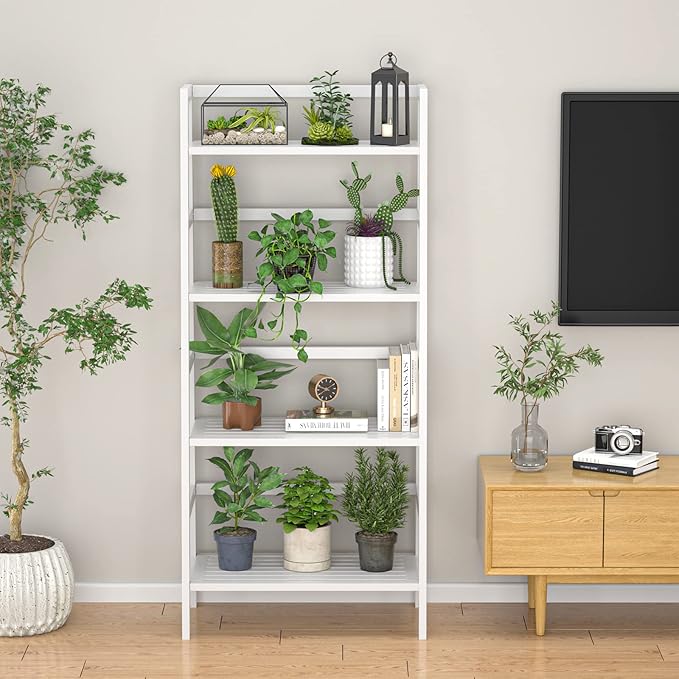 Homykic Bamboo White Bookshelf 4-Tier Ladder Shelf, 49.2” Freestanding Open - Image 5
