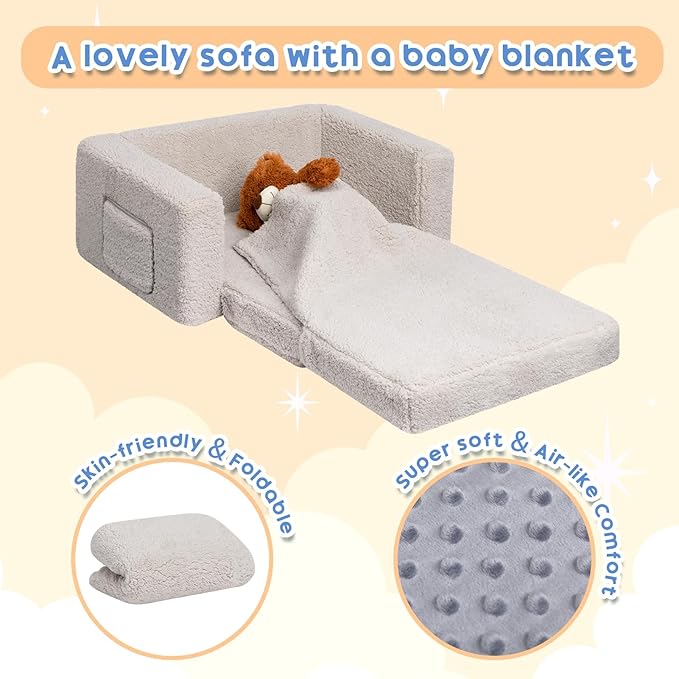 ALIMORDEN Fold Out Toddler Couch, Extra Wide Comfy 2-in-1 Cuddly Sherpa Sofa - Image 5