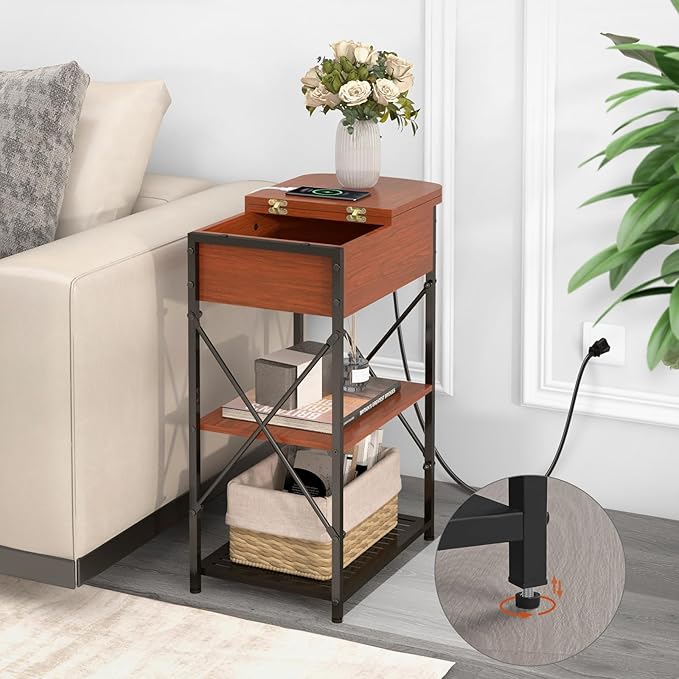 Narrow Side Table with Charging Station, End Tables Set of 2 - Image 4