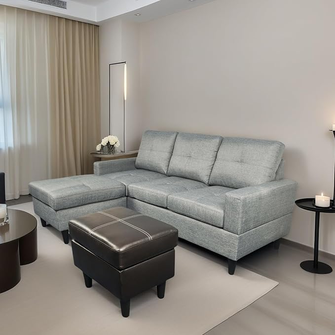 L Shaped Sofa with Ottoman, Modern Faux Leather Couch with Chaise, 3 Seat - Image 4