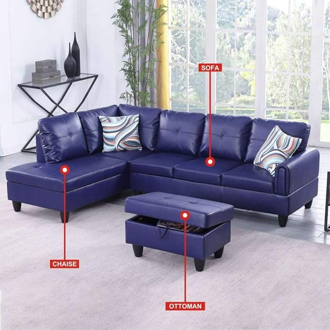 Blue L-Shaped 3-Piece Faux Leather Sofa - Image 3