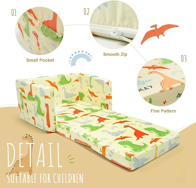Dinosaur Kids Sofa Bed, Diary Kids Couch- Convertible 2-in-1 Lounger - Image 6