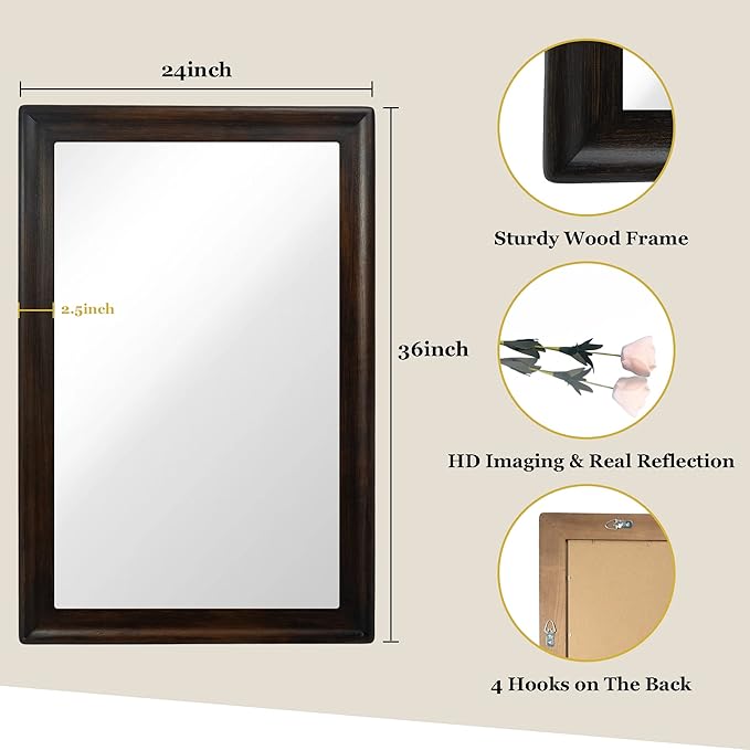 CULER Rustic Wood Wall Mirror for Bathroom, Rectangle 24 x 36 inch Hanging - Image 6