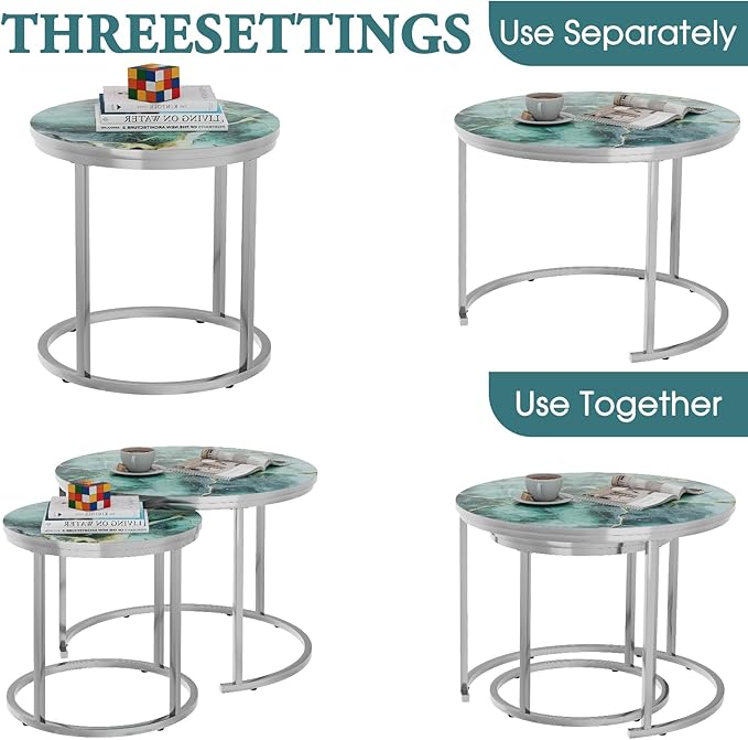 aboxoo Coffee Table Nesting Side Round Set of 2 End Table Green Art Table Top - Image 2