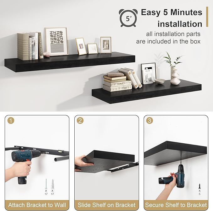 Heimlove Black Bathroom 12'' Deep Floating Shelves - Image 8