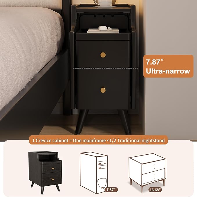 Small Nightstand with Drawers, Solid Wood Bedside Table, Narrow Walnut - Image 4