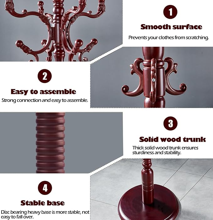 Coat Racks Free Standing with 14 Hooks, Natural Wood Coat Stands - Image 5
