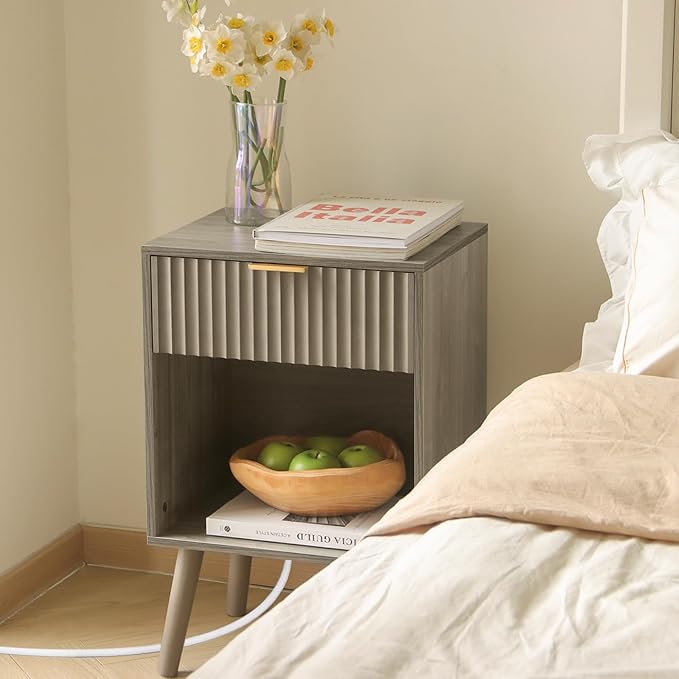 Grey Wood Nightstand with Charging Station, Modern Bedside Table with Fluted - Image 2