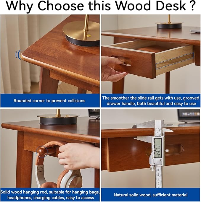 Wood Writing Desk with Drawer and Hanging Rod, Small Computer Desk Table - Image 4
