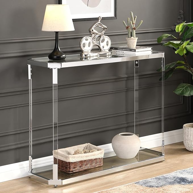 Glass Coffee Table, Acrylic Leg, Chrome Frame, Rectangular Center Table by MINPINSER