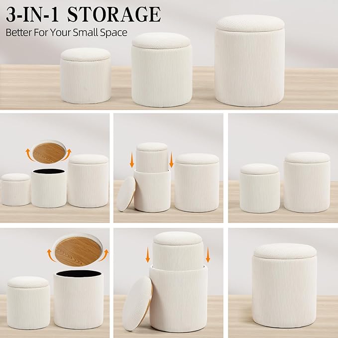 Round Set of 3 Ottoman with Storage-Upholstered Velvet Vanity Stool - Image 6