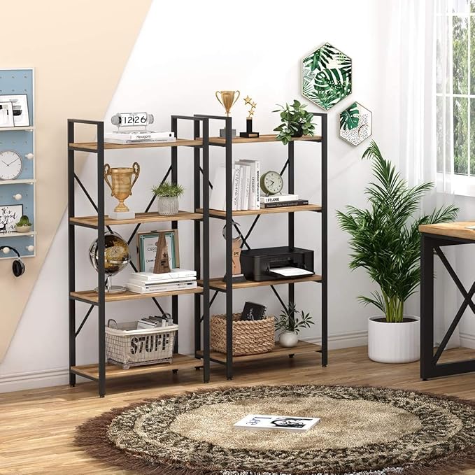 BON AUGURE Industrial 4 Tier Bookshelf, Modern Open Shelving Unit Book Shelves - Image 8