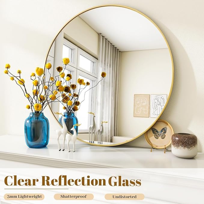 Gold Round Bathroom Mirror, 48 inch Large Circle Wall Mounted Hanging Mirror - Image 4