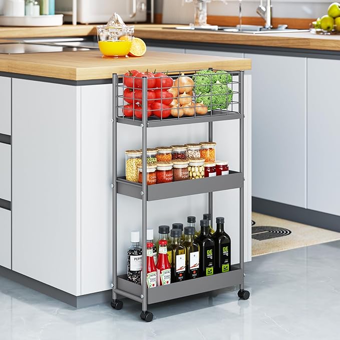 KINGRACK Slim Storage Rolling Cart, 3-Tier Metal Utility Cart - Image 5