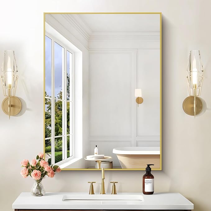 30x40In Gold Bathroom Mirror for Wall, Brushed Gold Rectangle Mirrors by Welcometocofeny