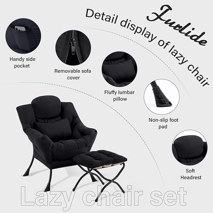 Lazy Chair with Ottoman, Comfy Fabric Accent Lounge Arm Chair with Lumbar - Image 7