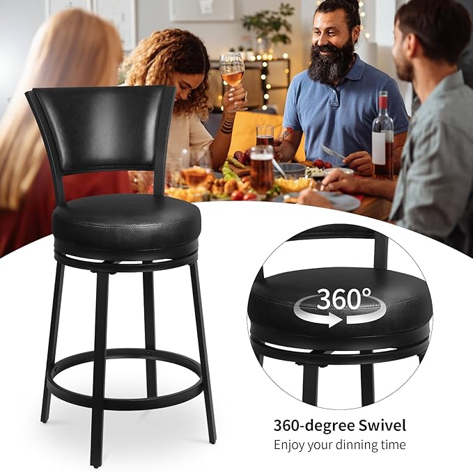 Bar Stools, 25 Inch Metal Counter Height Barstools Set of 2, Faux Leather Round - Image 4