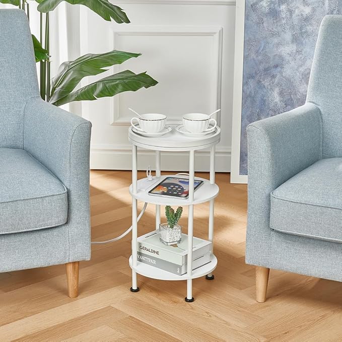 Small Round End Table with Charging Station, 3-Tier Accent Couch Beside Table - Image 4