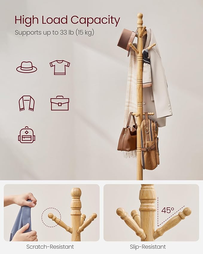 VASAGLE Solid Wood Coat Rack and Stand, Free Standing Hall Coat Tree - Image 3