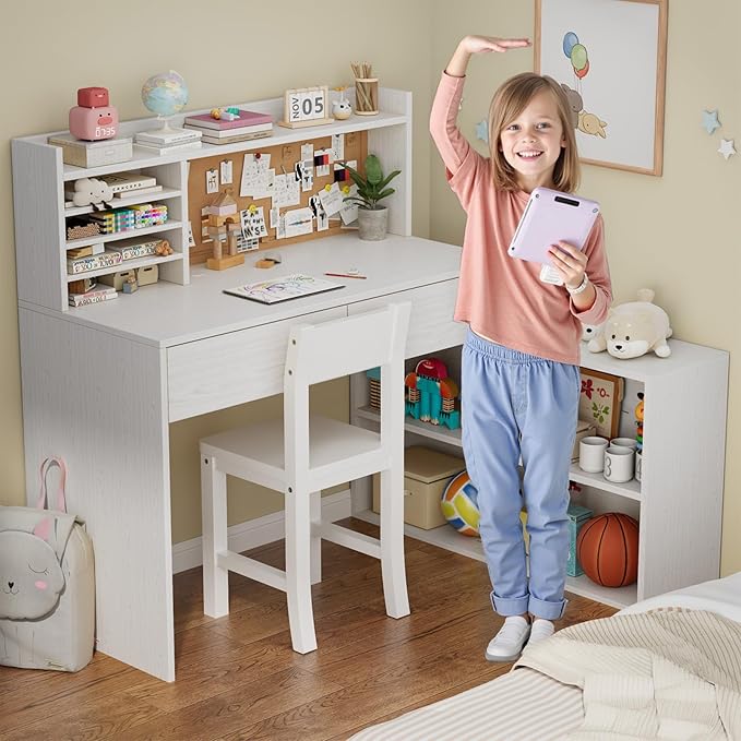 White Wooden Kids Desk and Chair Set, Kids Study Desk - Image 6