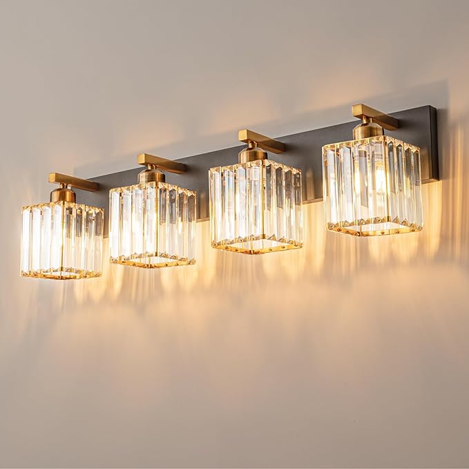 Modern Bathroom Vanity Light 4-Lights Black Gold Crystal Bathroom Wall Light by FDPBY