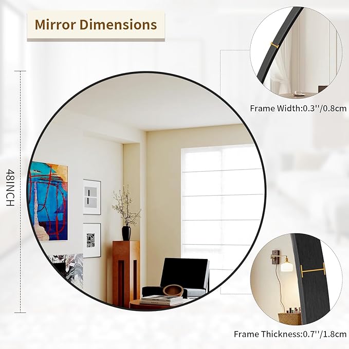 BEAUTYPEAK 48 Inch Round Mirror, Metal Frame Circle Mirror, Wall Mounted - Image 5