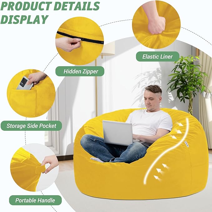 3FT Bean Bag Chair with Ultra Soft Velvet Cover Bean Bag Sofa with Memory Foam - Image 4