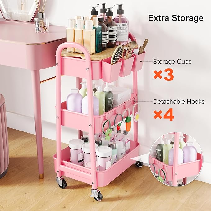 3 Tier Rolling Cart Metal with Wheels & Table Top, Three Tiered Craft Cart - Image 7