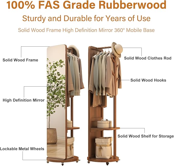 70"x16"Full Length Mirror with Stand, Coat Rack with Mirror, Solid Wood Floor - Image 5