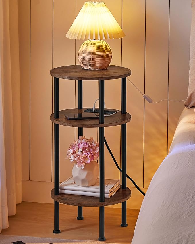 Round Side Table with Charging Station, Small Round End Table, 3-Tier Sofa Side by Choezon