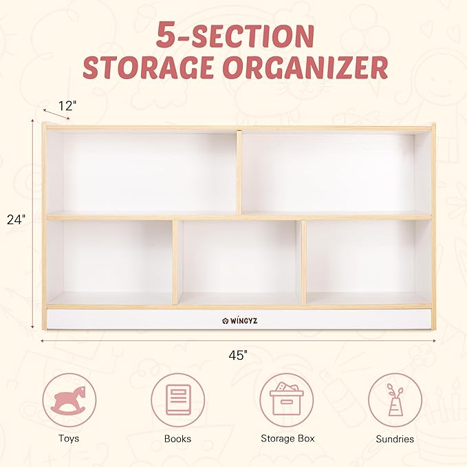 Toy Storage Organizer for Kids, 5-Compartment Wooden Storage Cabinet, Children - Image 2