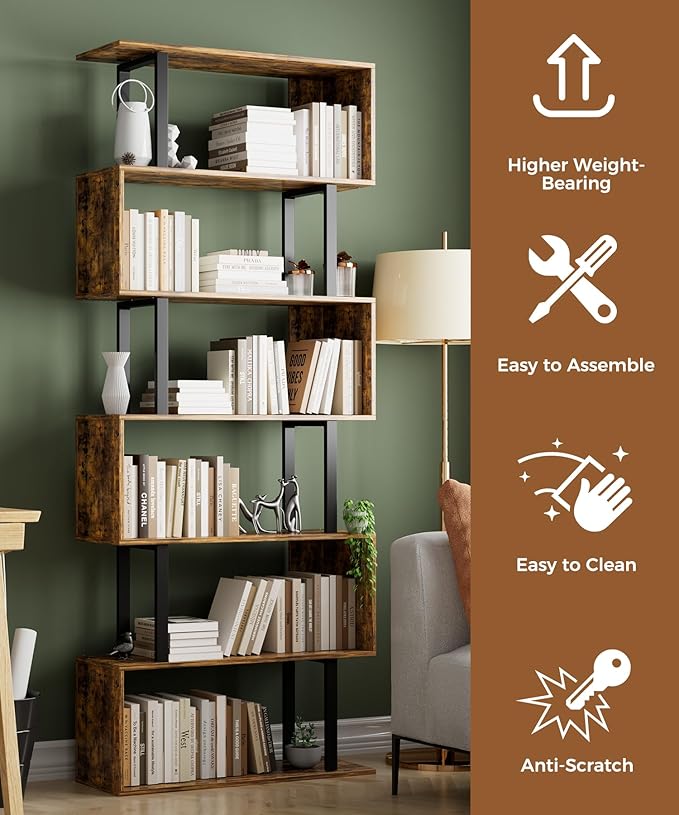 Gadroad 6 Tier Geometric Bookcase, S Shaped Bookshelf, Wood Decorative Storage - Image 4
