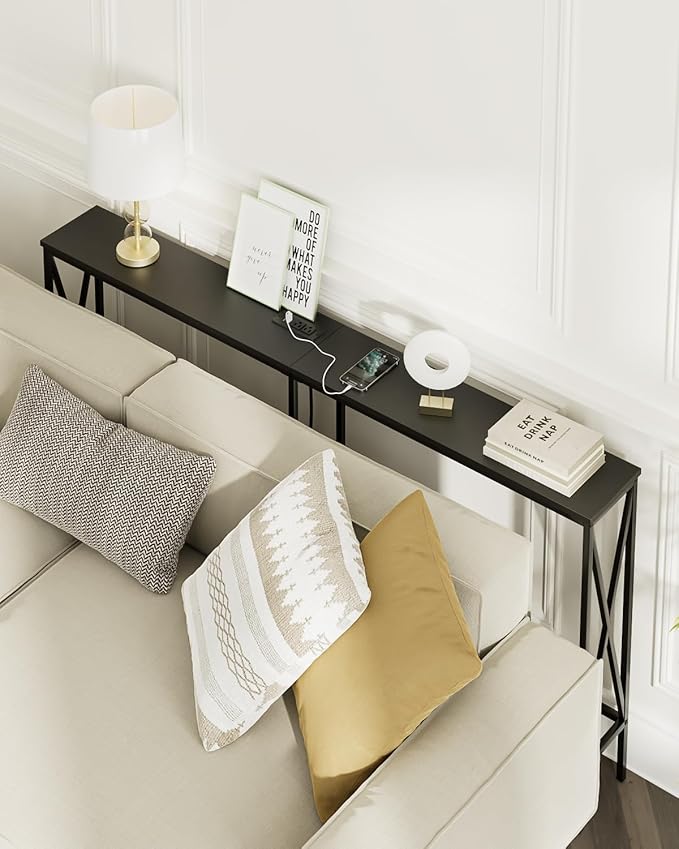 Masupu 63" Console Table with Power Outlet, Modern Narrow Long Sofa Table - Image 6