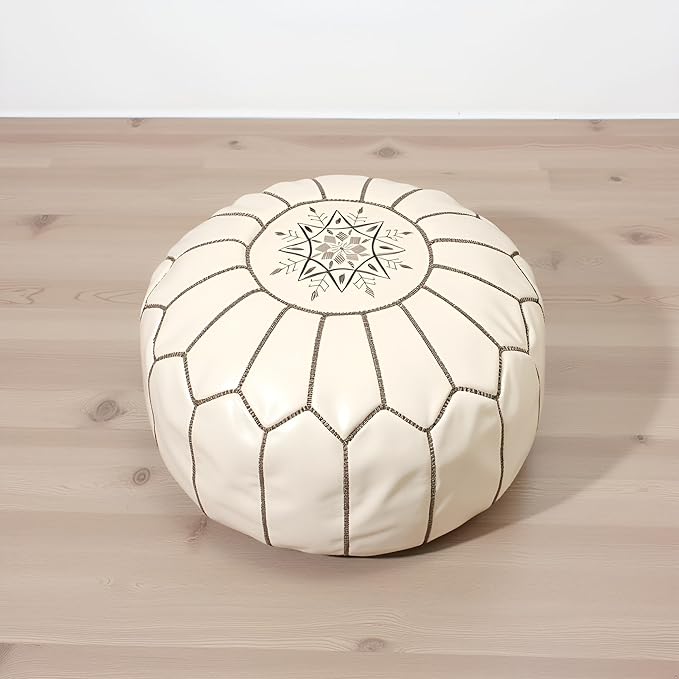 Stuffed Round Design Moroccan Leather Pouf Ottoman, Pre-Filled, 100% Genuine - Image 2