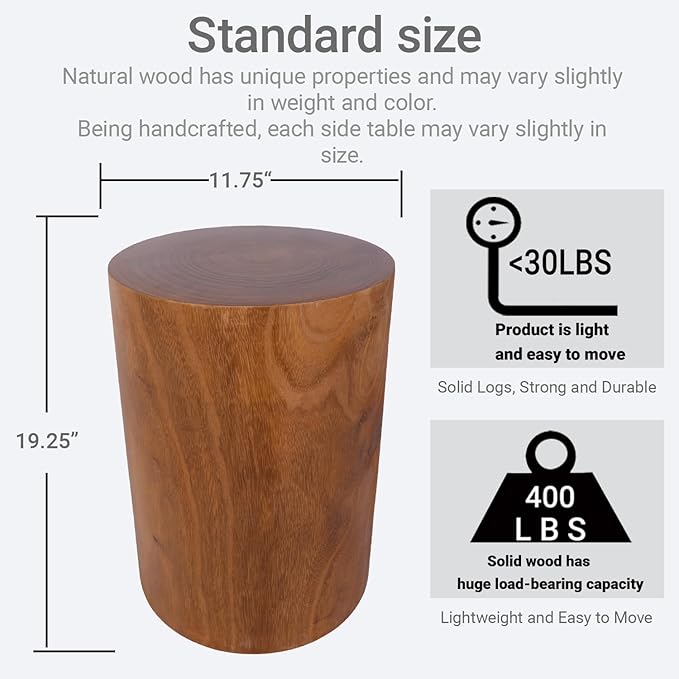 Athaliah Wooden Tree Stump End Table, 15.75" Paulownia Wood Hand Carved Rustic - Image 2