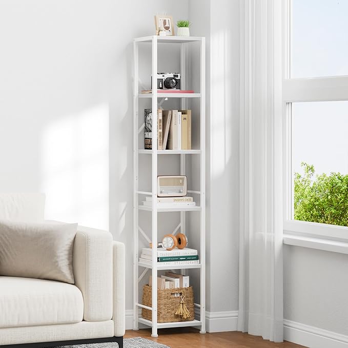 Furologee White Bookshelf 6 Tier Tall Narrow Bookcase, Modern Display Standing - Image 2
