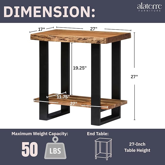 Alpine 2-Tier End Table with Live Edge Design – 27-Inch Solid Acacia Wood - Image 3