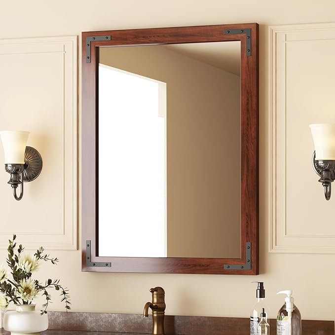 VocalStar Rustic Wood Framed Mirror 24 x 36 Inch, Natural Dark Brown Wooden by VOCALSTAR