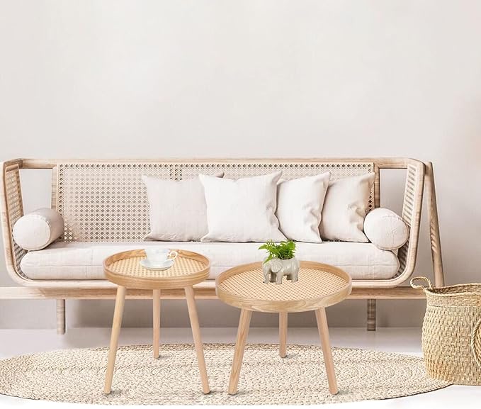 Round Coffee Table Set of 2, Natural Boho Side Table, Small Mid Century Modern - Image 2